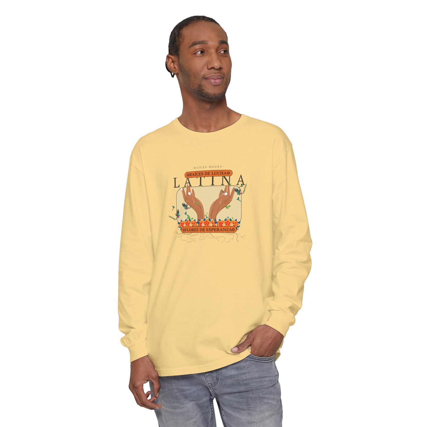 Unisex Long Sleeve Shirt - Raíces de Lucha, Flores de Esperanza Latina Quetzal Birds Design