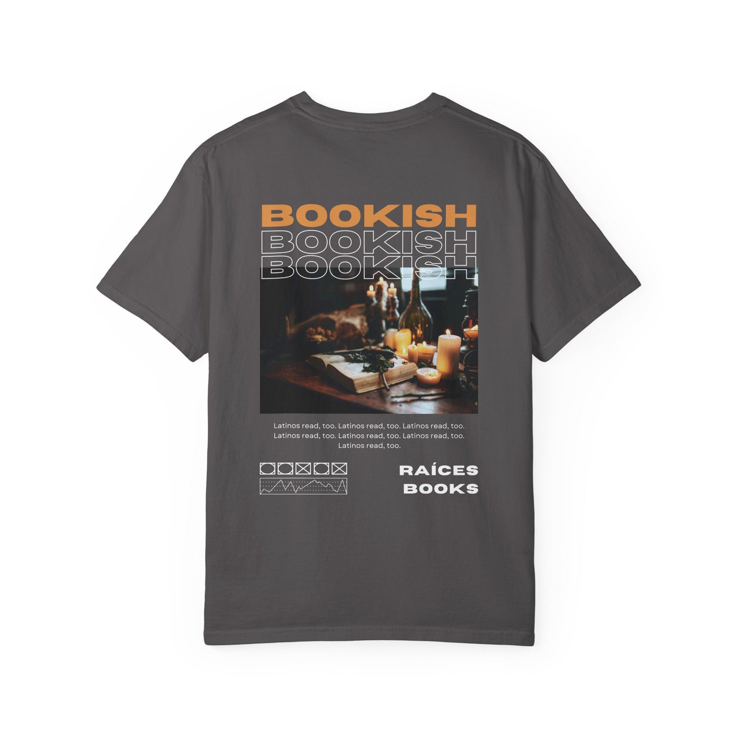 Bookish Latino Garment-Dyed T-shirt with Candles and Books Design