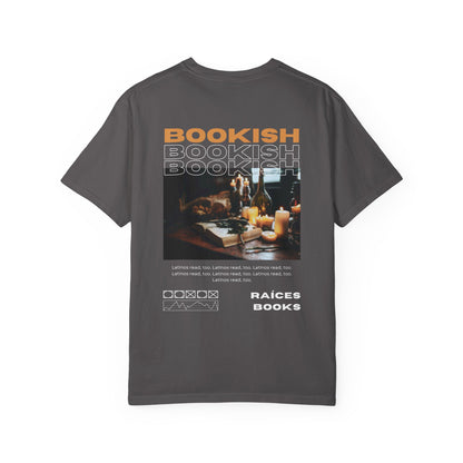 Bookish Latino Garment-Dyed T-shirt with Candles and Books Design