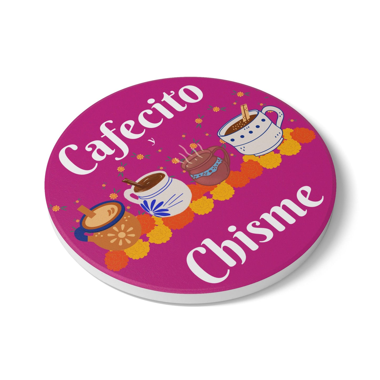 "Cafecito y Chisme" Pink Ceramic Coaster