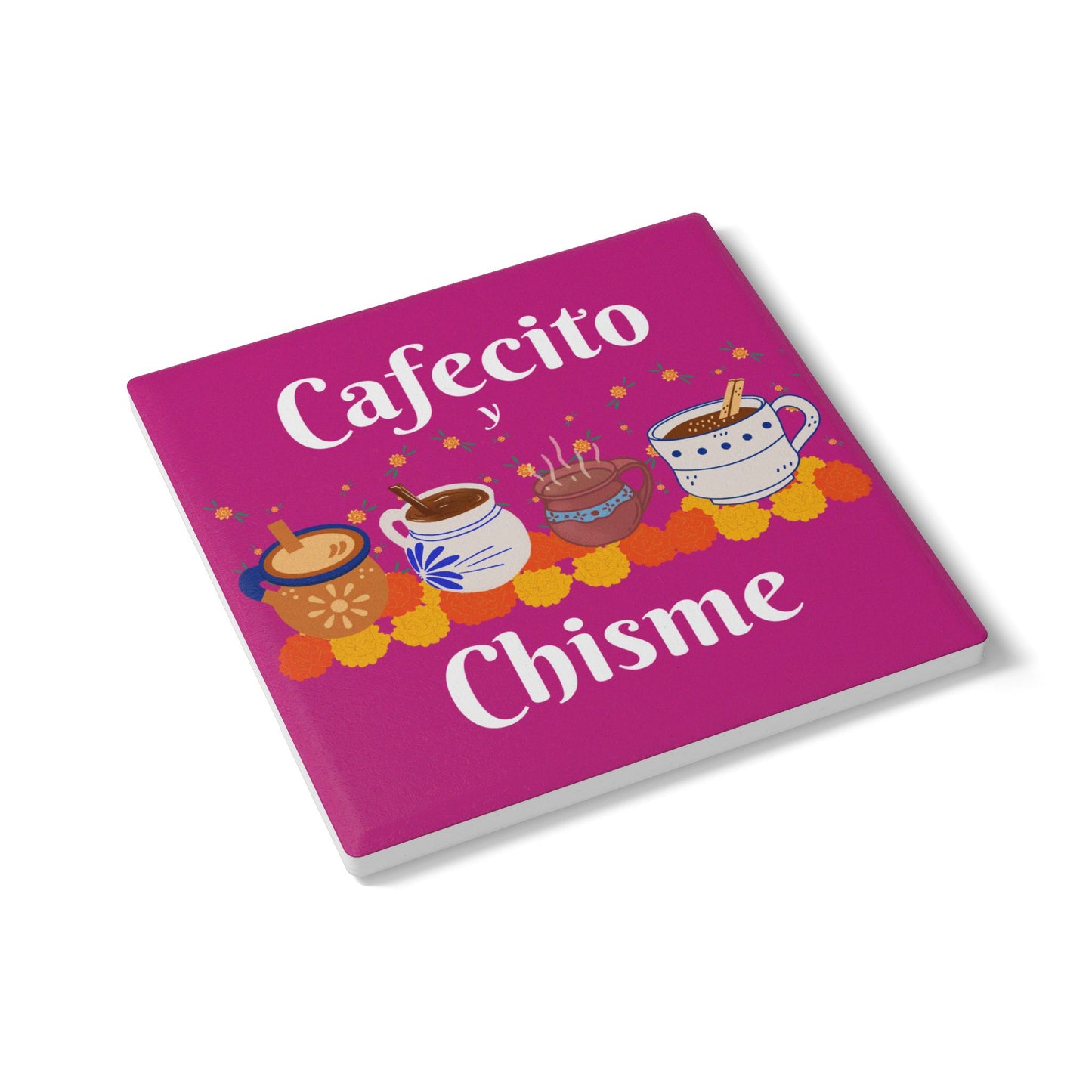"Cafecito y Chisme" Pink Ceramic Coaster