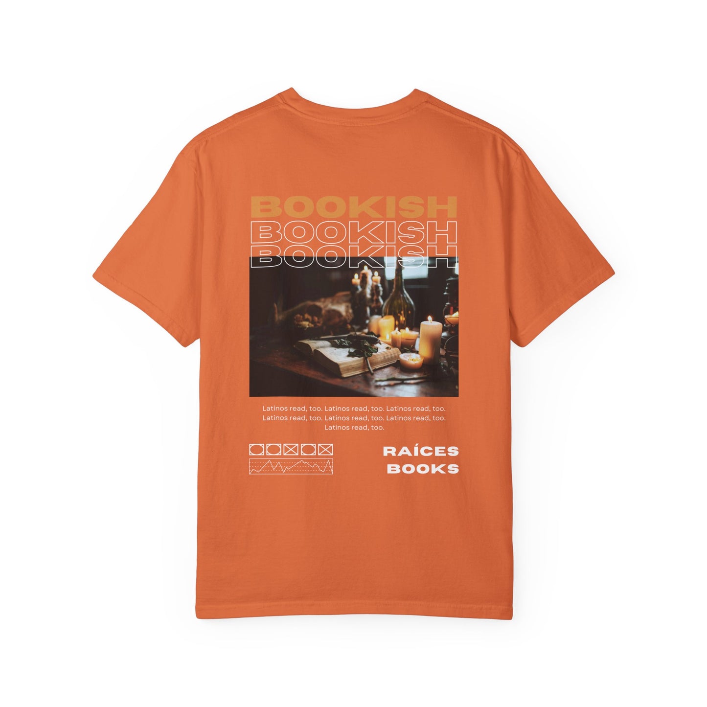 Bookish Latino Garment-Dyed T-shirt with Candles and Books Design