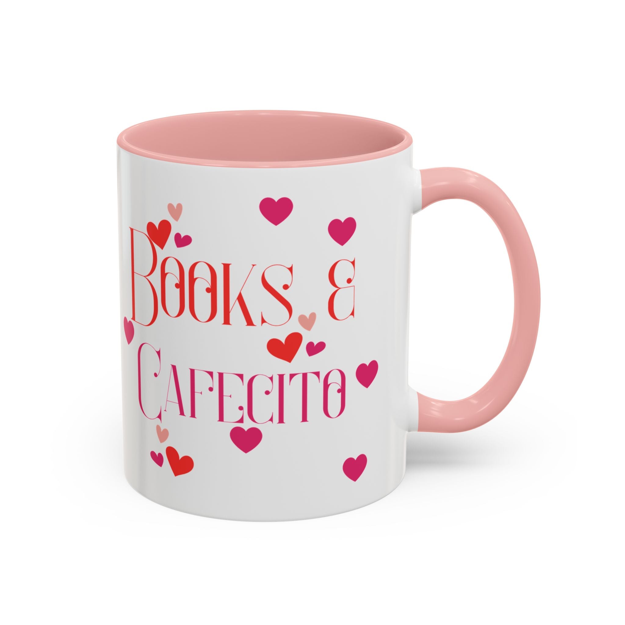 Coffee Mug - Books & Cafecito with Red and Pink Hearts Design