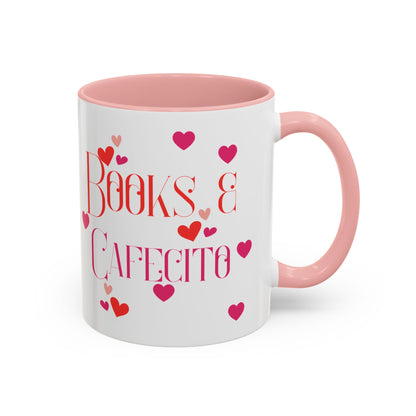Coffee Mug - Books & Cafecito with Red and Pink Hearts Design