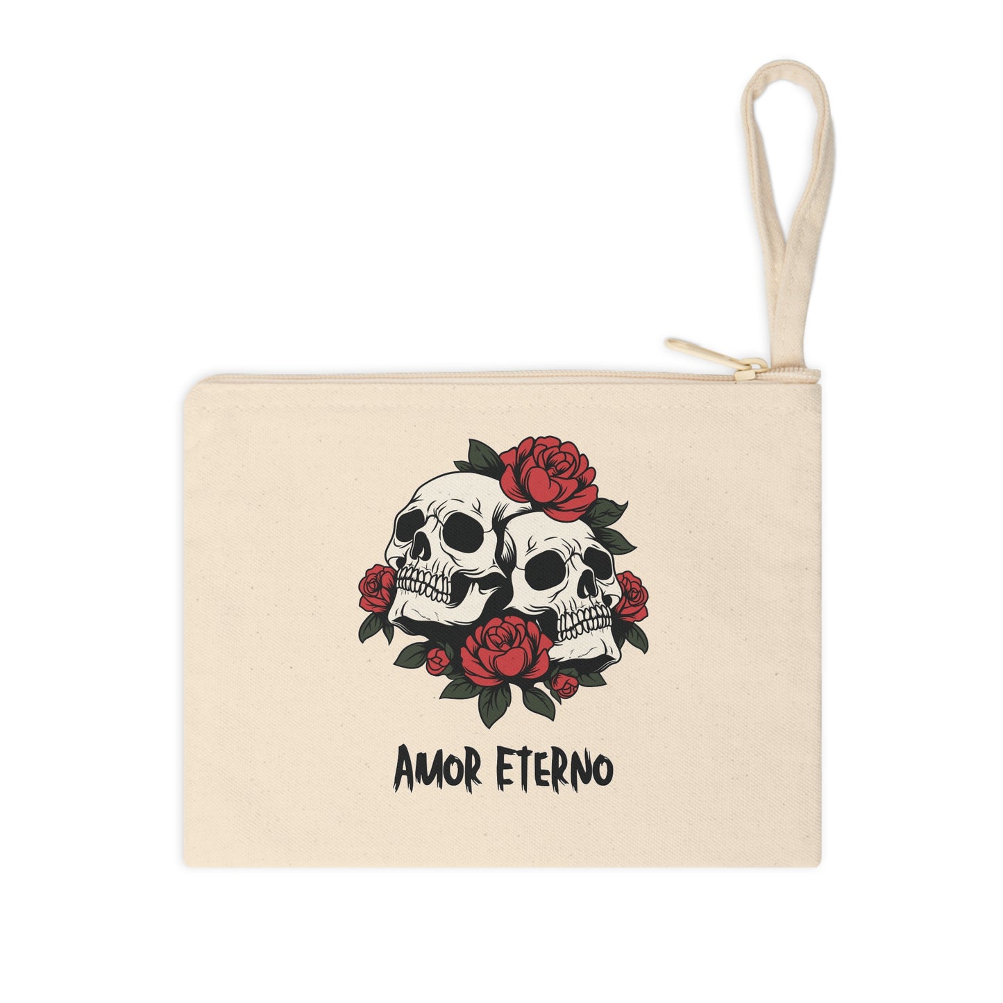 Zipper Pouch - Amor Eterno Skulls and Red Roses Design