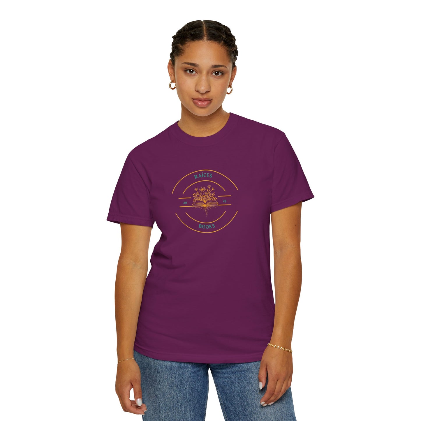 Rooted in Cultura Unisex T-shirt with Raices Books Logo