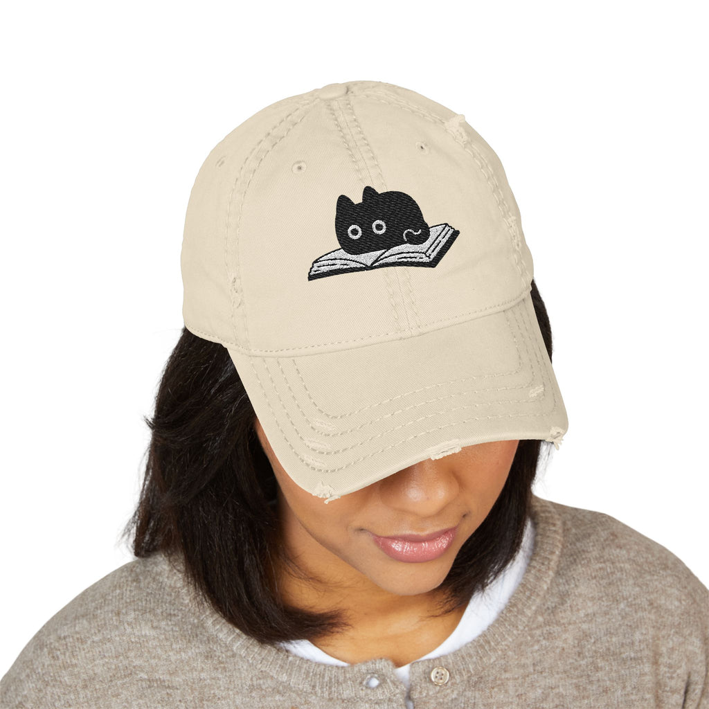 Distressed Hat - Embroidered Cat on Book