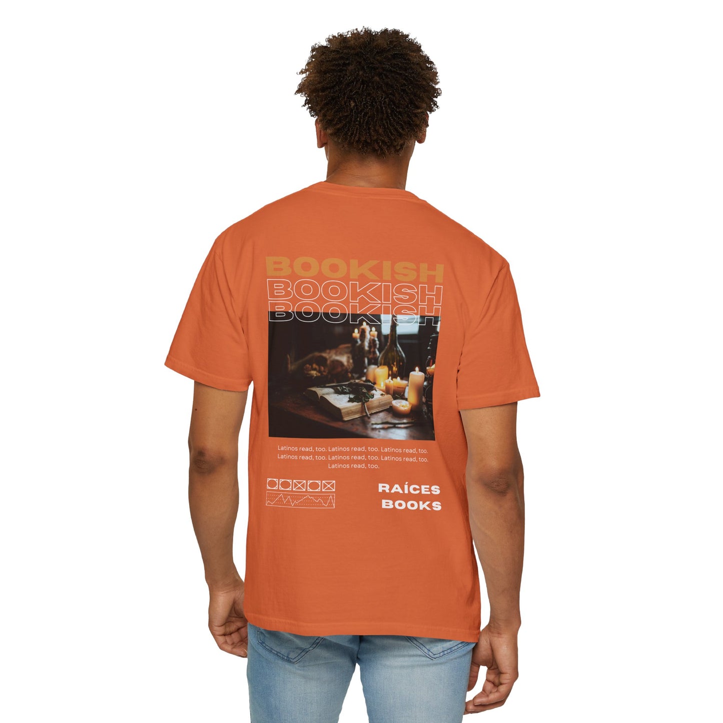 Bookish Latino Garment-Dyed T-shirt with Candles and Books Design