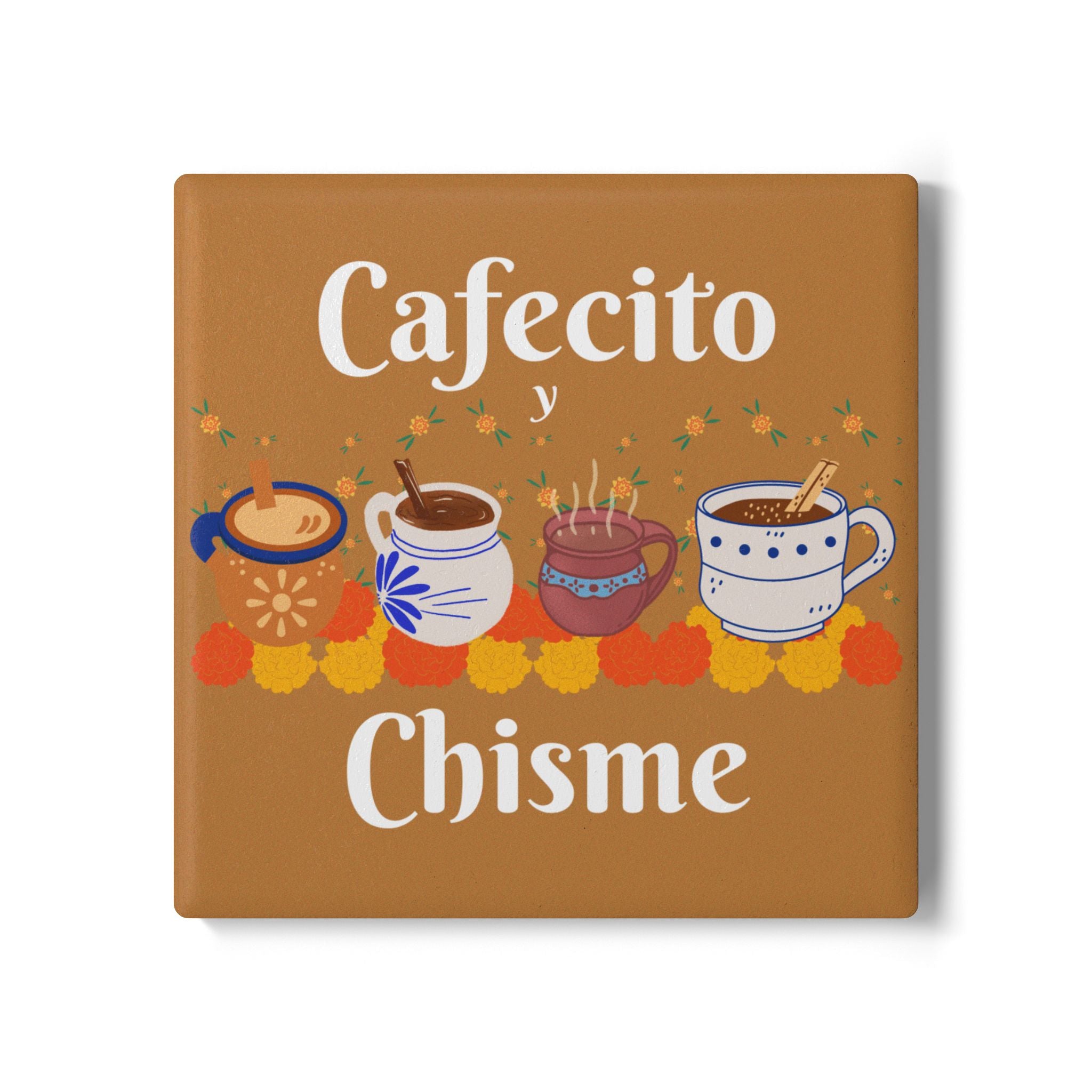 "Cafecito y Chisme" Brown Ceramic Coaster
