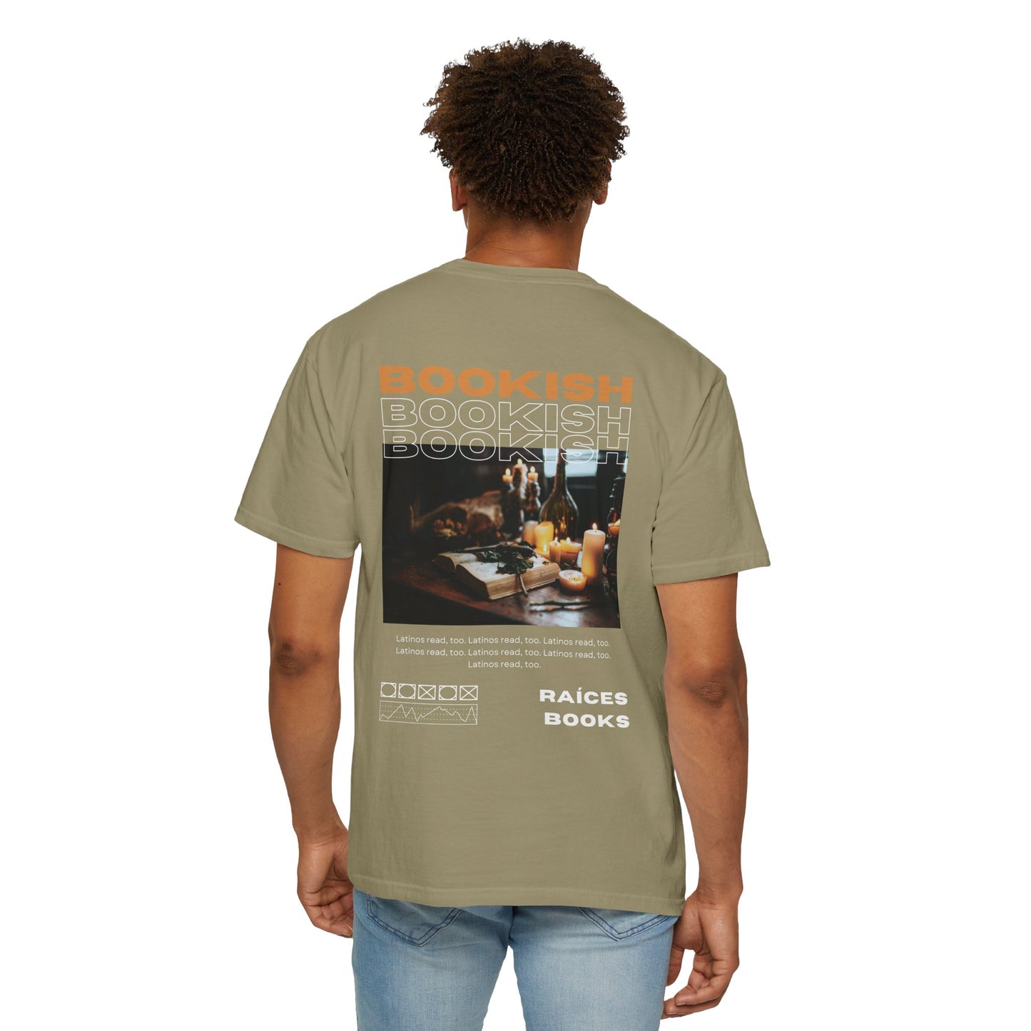 Bookish Latino Garment-Dyed T-shirt with Candles and Books Design