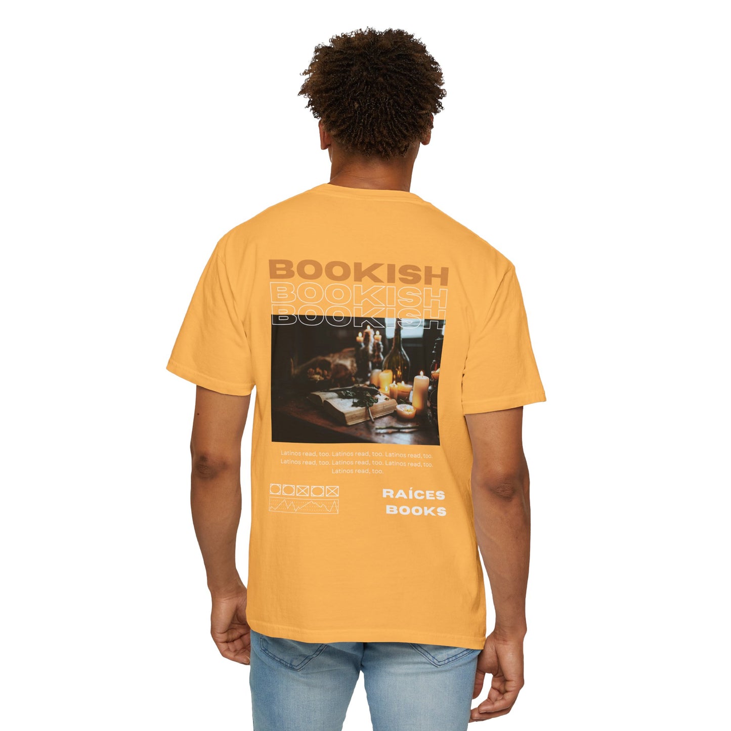Bookish Latino Garment-Dyed T-shirt with Candles and Books Design