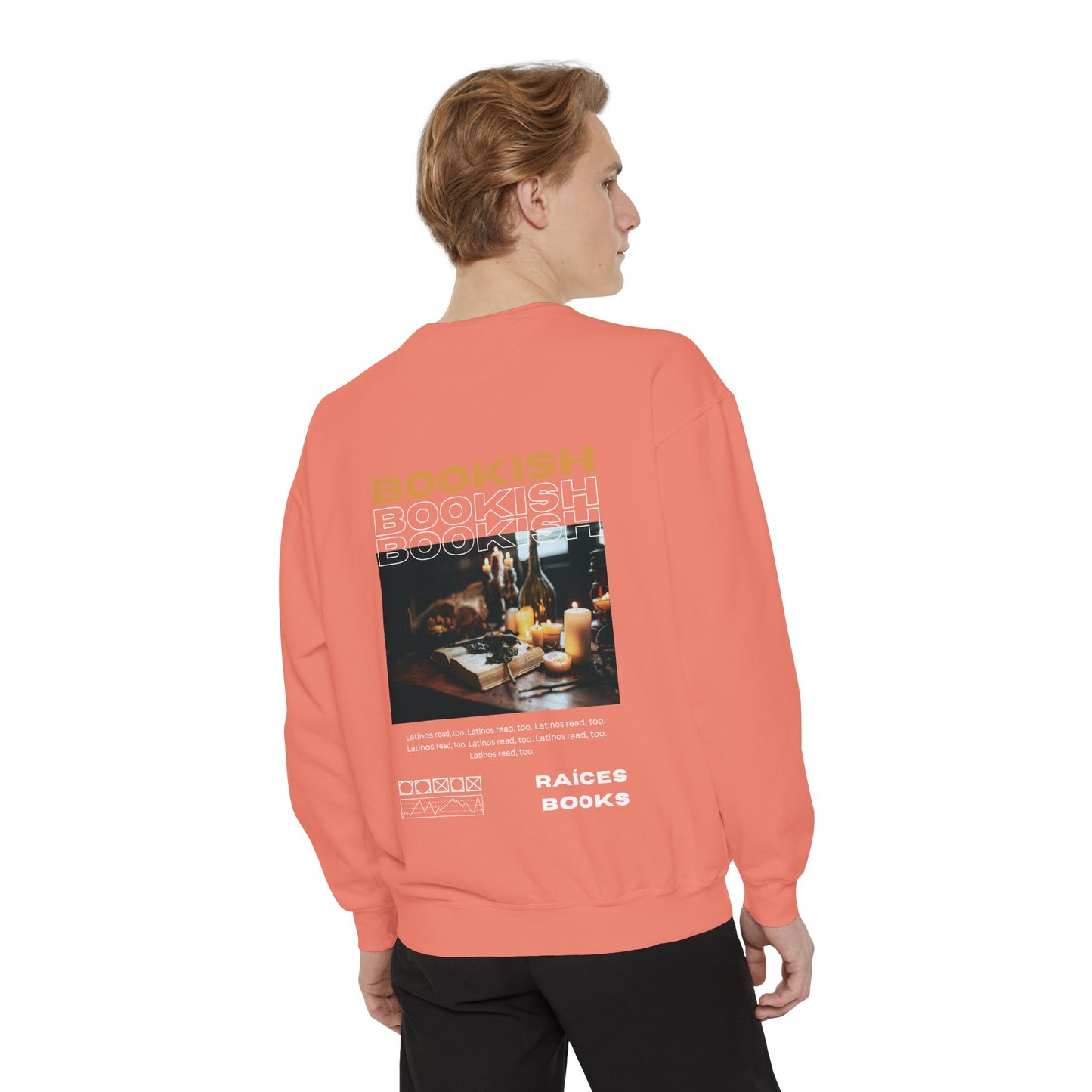 Bookish Latino Garment-Dyed Sweatshirt with Candles and Books Design