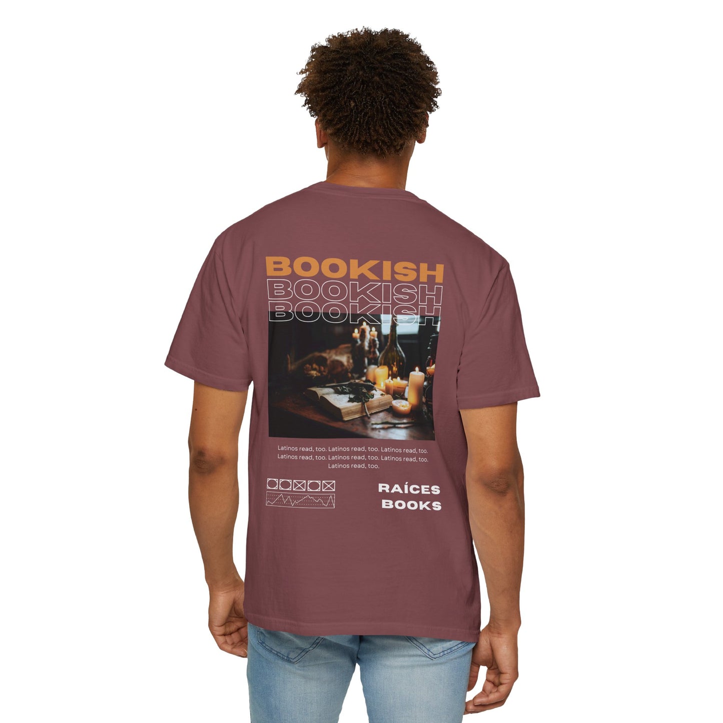Bookish Latino Garment-Dyed T-shirt with Candles and Books Design
