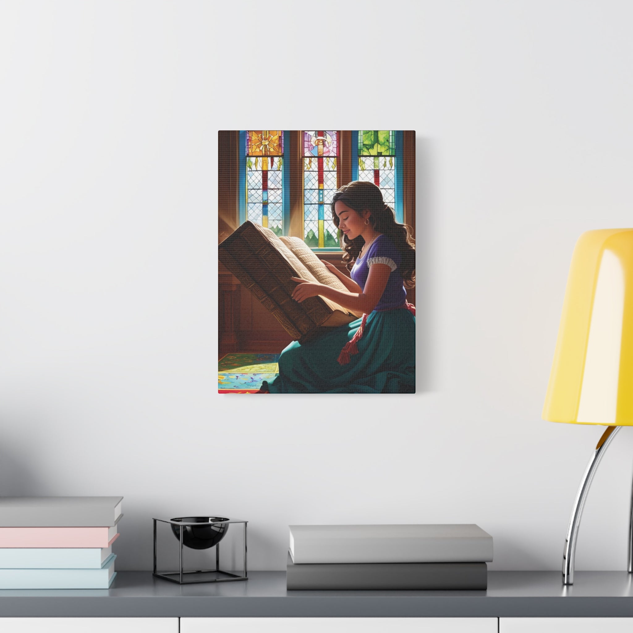 Canvas Wall Art - Latina Reading Magical Book in Library