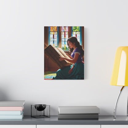 Canvas Wall Art - Latina Reading Magical Book in Library