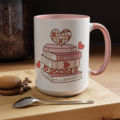 Mug - Pink and Red Stack of Books with Hearts Coffee Mug (11, 15oz)