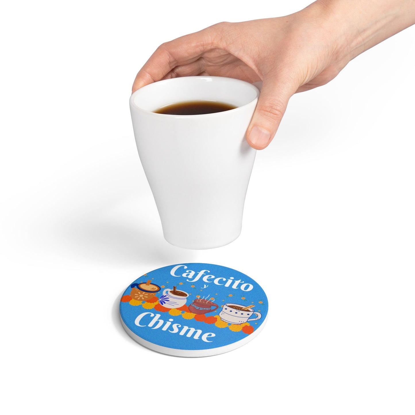 Cafecito y Chisme Light Blue Ceramic Coaster
