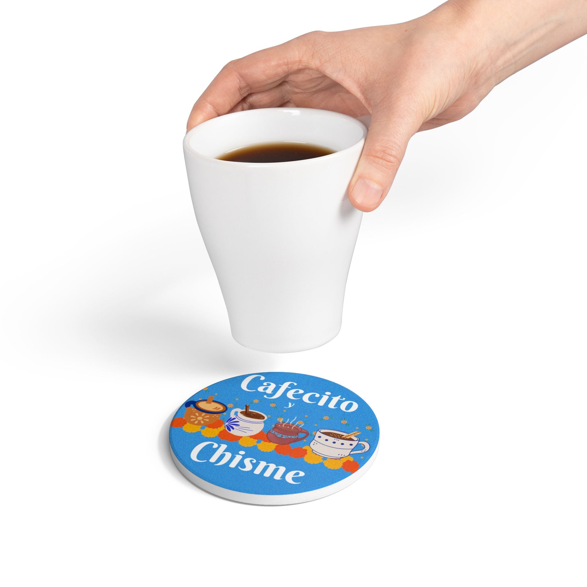 Cafecito y Chisme Light Blue Ceramic Coaster