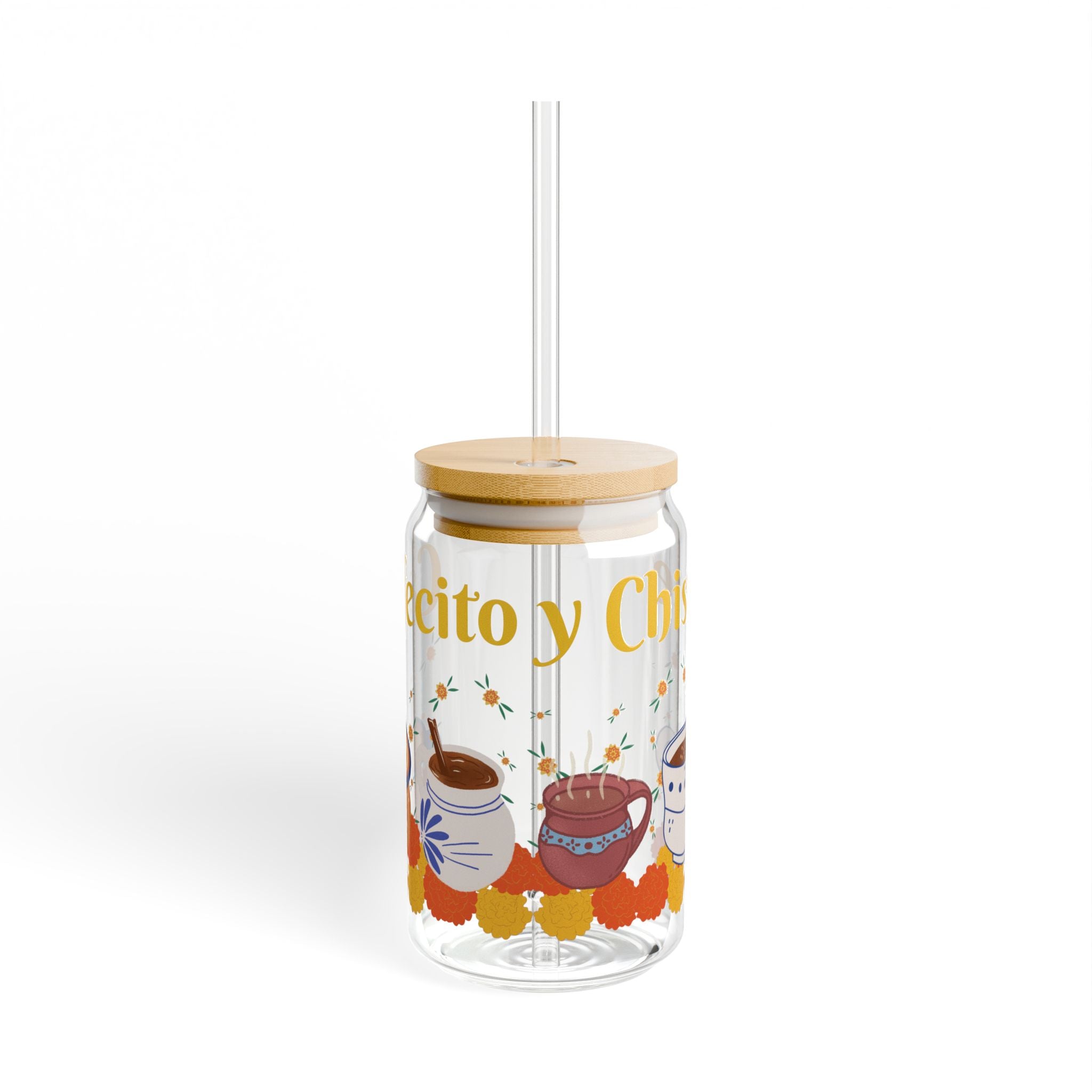 Cafecito Sipper Glass - 16oz with Wooden Lid & Straw - Perfect for Coffee Lovers