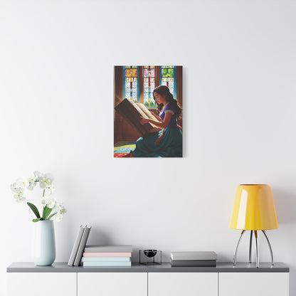 Canvas Wall Art - Latina Reading Magical Book in Library