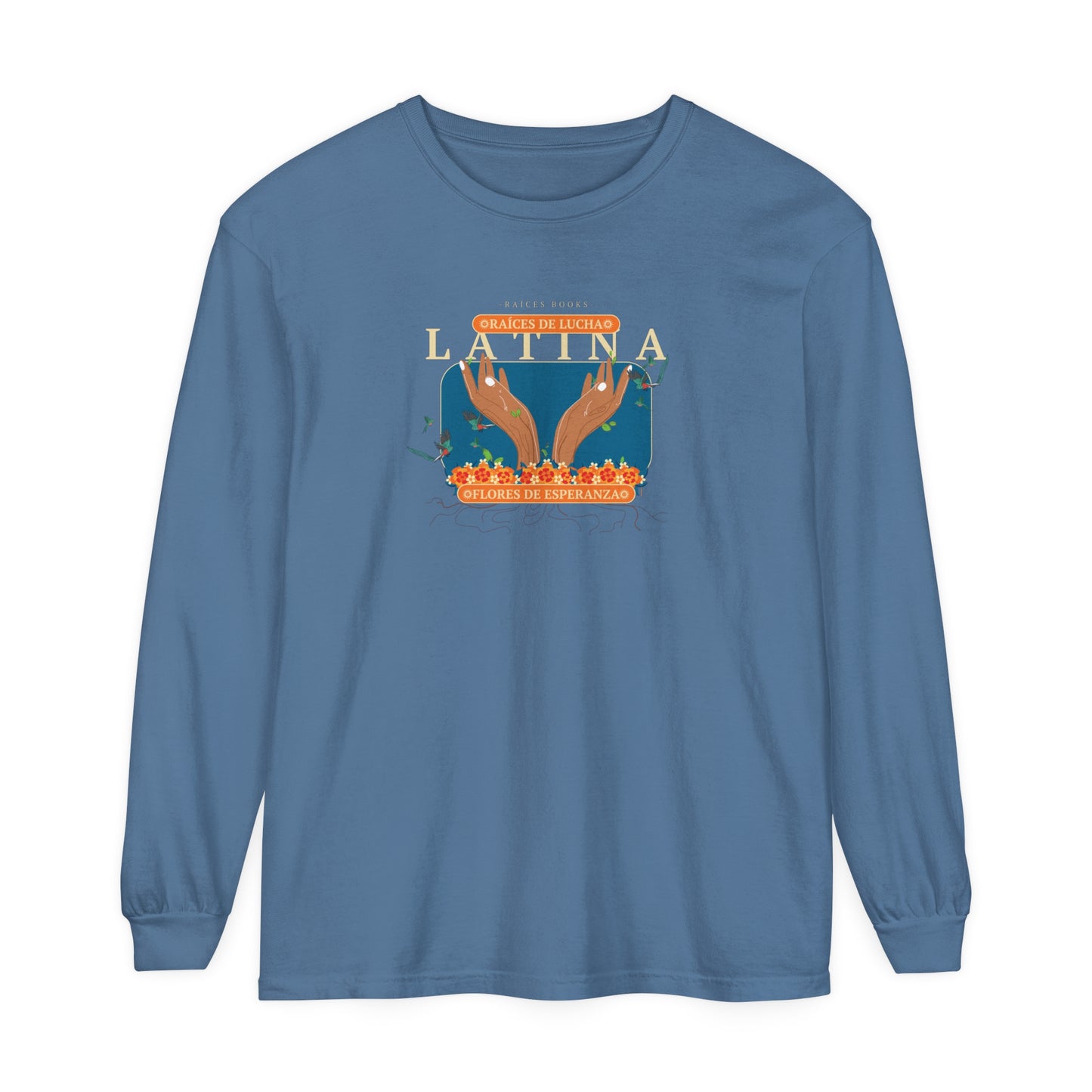 Unisex Long Sleeve Shirt - Raíces de Lucha, Flores de Esperanza Latina Quetzal Birds Design