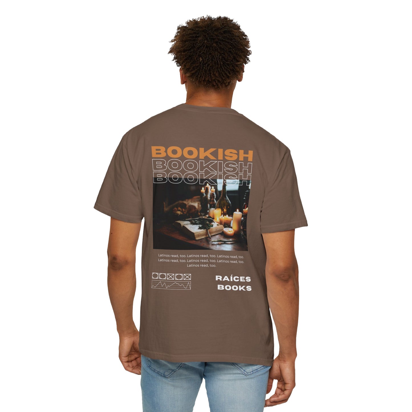 Bookish Latino Garment-Dyed T-shirt with Candles and Books Design