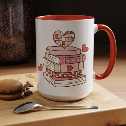 Mug - Pink and Red Stack of Books with Hearts Coffee Mug (11, 15oz)