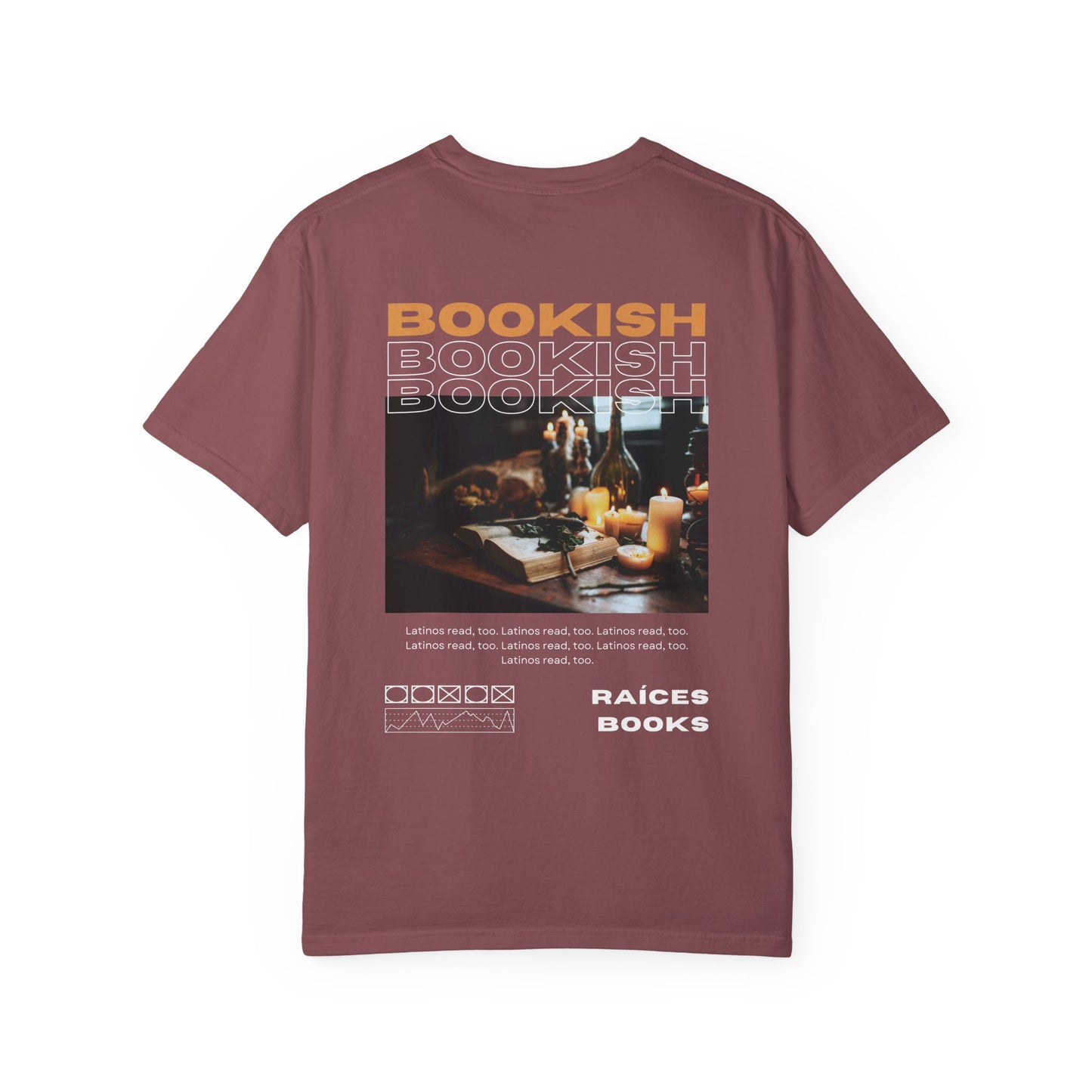 Bookish Latino Garment-Dyed T-shirt with Candles and Books Design