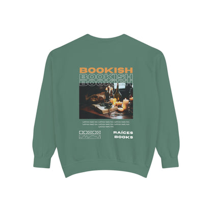 Bookish Latino Garment-Dyed Sweatshirt with Candles and Books Design