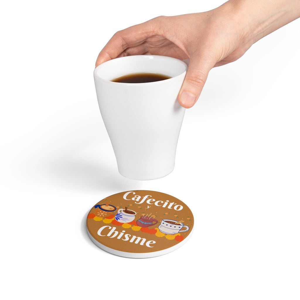 "Cafecito y Chisme" Brown Ceramic Coaster
