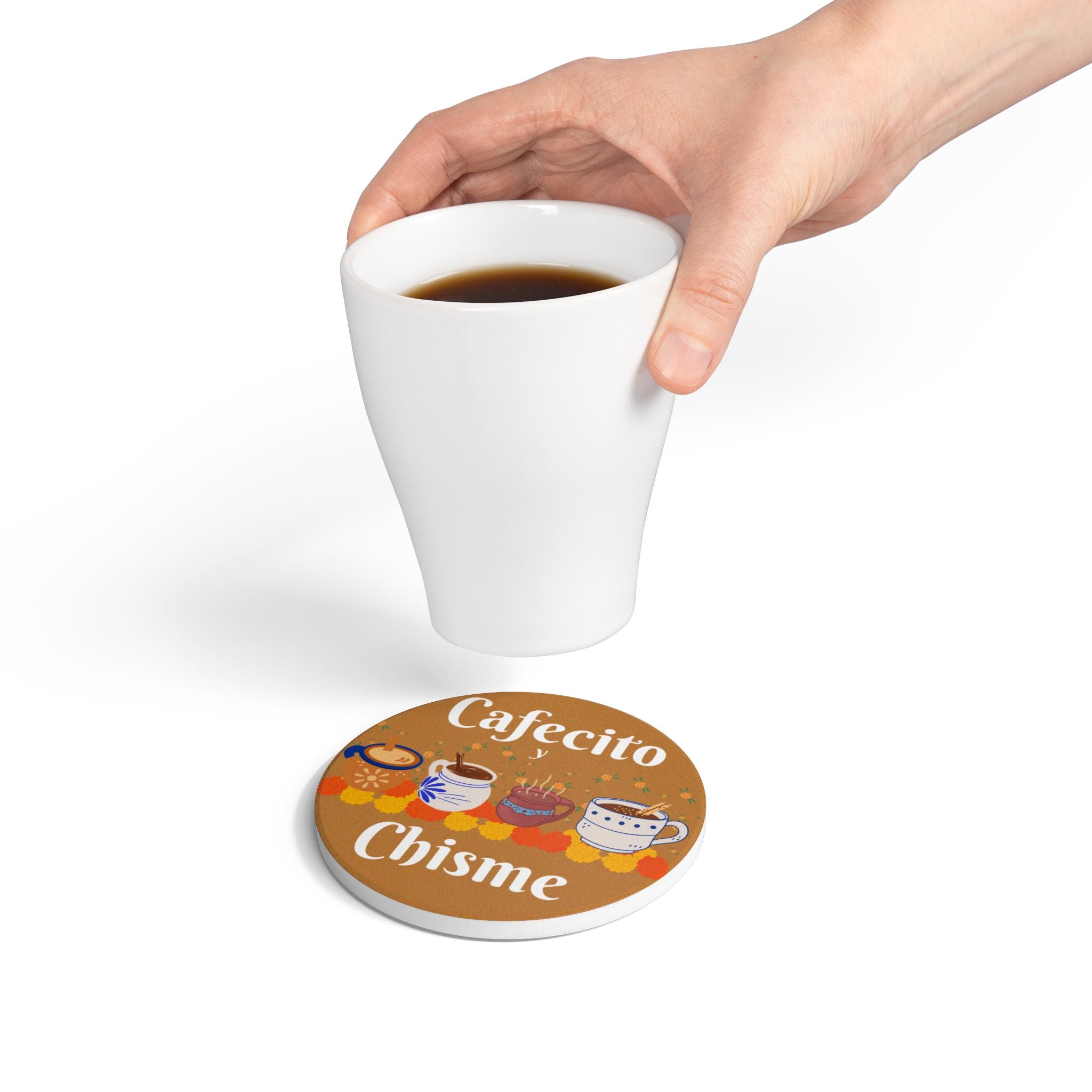 "Cafecito y Chisme" Brown Ceramic Coaster